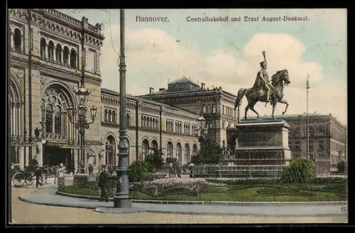 AK Hannover, Centralbahnhof und Ernst-August-Denkmal