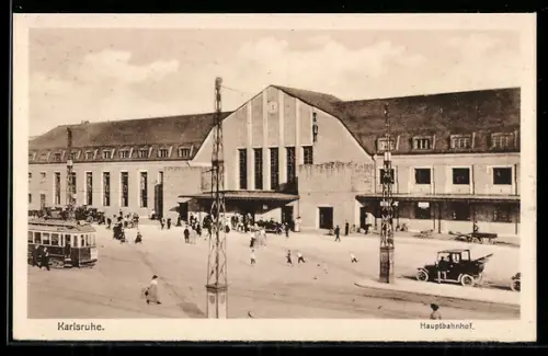 AK Karlsruhe, Hauptbahnhof, Vorplatz mit Strassenbahn