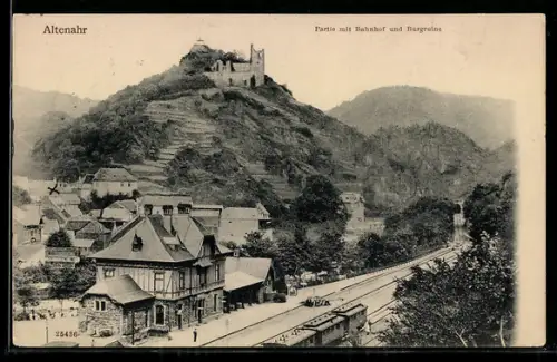 AK Altenahr, Partie mit Bahnhof und Burgruine