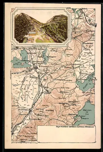 AK Murnau, Herzogstand, Landkarte mit Zell, Eschenlohe und Riegsee
