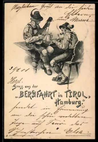 Lithographie Hamburg-St. Pauli, Gasthaus Bergfahrt in Tirol, zwei Trachtenmusikanten