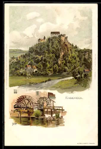 Lithographie Rabeneck, Burg auf steilem Felsen und Mühlräder am Fluss
