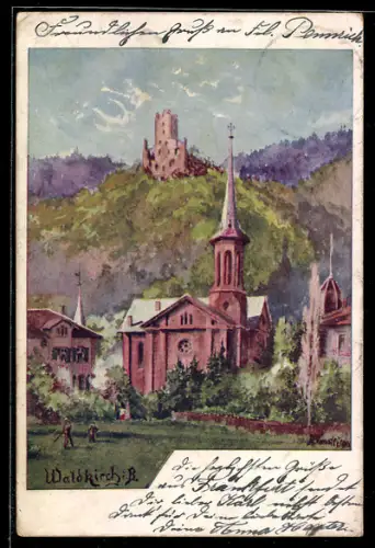 Lithographie Waldkirch i. B., Kirche, Burgruine auf bewaldetem Hügel