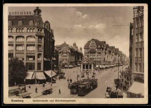 AK Hamburg, Spitalerstrasse und Mönckebergstrasse, Strassenbahn