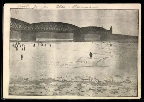 AK Mainz, Zugefrorener Rhein 1929, Personen auf dem Eis