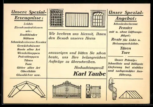 AK Frankfurt /Main, Werbekarte des Eisenwerks Karl Taube, Ottostrasse 16, schmiedeeiserne Fenster, Türen und Tore