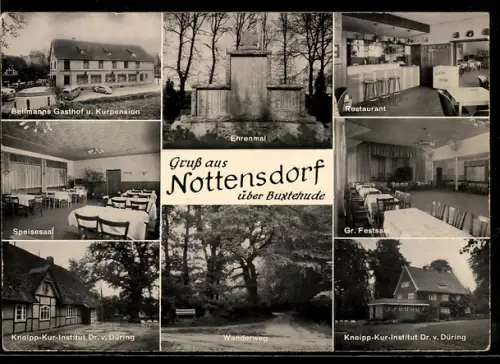 AK Nottensdorf über Buxtehude, Hotel und Kurpension Bellmann, Kneipp-Kur-Institut Dr. v. Düring, Ehrenmal
