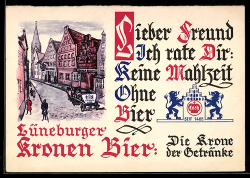 Künstler-AK Lüneburg, Gasthaus Krone, Werbung für Lüneburger Kronen Bier