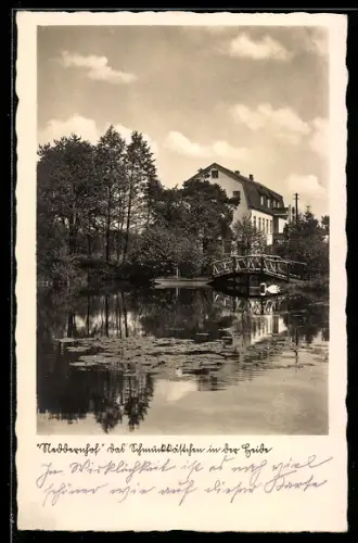 AK Sprötze, Pension und Gasthaus Neddernhof, Teich mit Holzbrücke