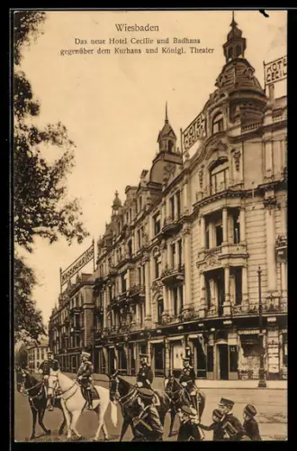 AK Wiesbaden, Das neue Hotel Cecilie und Badhaus gegenüber dem Kurhaus und Königl. Theater