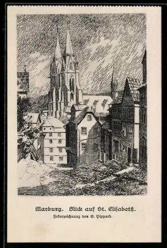 Künstler-AK Marburg, Blick auf St. Elisabeth