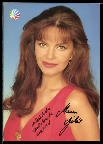 AK Moderatorin Maren Gilzer im roten Kleid, Sat.1-Fernsehen, Autograph