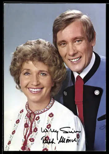 AK Musikerin Ruth Mönch und Musiker Willy Seiler in Tracht, Autograph