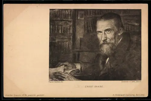 Künstler-AK Ernst Raabe an seinem Tisch sitzend