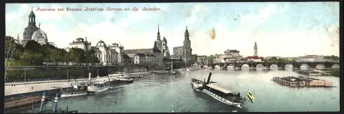 Klapp-AK Dresden, Panoramaansicht mit Brühl`sche Terrasse und Kgl. Belvedère, Flussdampfer