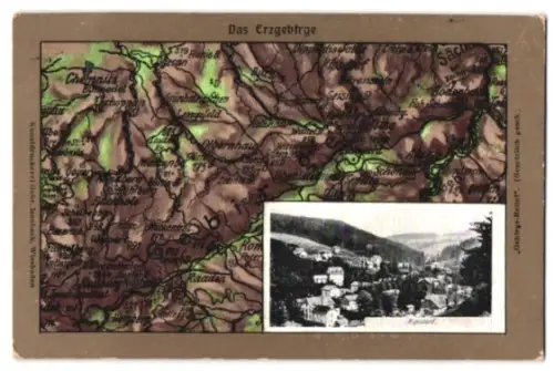 Relief-AK Kipsdorf /Erzgebirge, Landkarte mit Chemnitz, Kaaden und Bodenbach