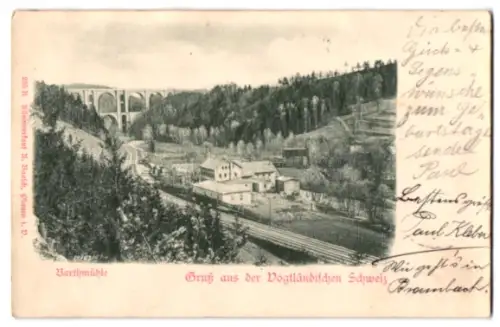 Relief-AK Barthmühle /Vogtländische Schweiz, Bahngleise mit Blick zum Viadukt