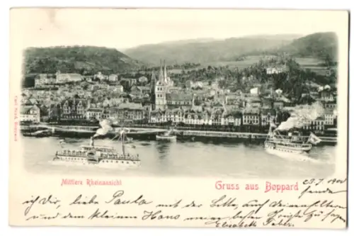 Relief-AK Boppard, Mittlere Rheinansicht mit Dampfern