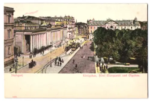 Relief-AK Stuttgart, Königsbau, Hotel Marquart und Olgabau, Strassenbahn