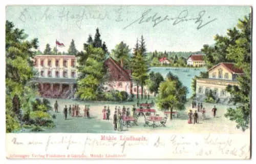 Relief-Lithographie Lindhardt, Partie an der Mühle mit Blick zum See