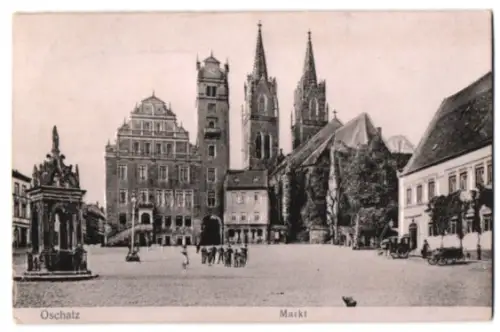 Relief-AK Oschatz, Partie am Markt mit Kirchtürmen