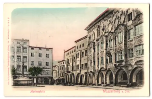 Relief-AK Wasserburg a. Inn, Partie am Marienplatz mit Bäckerei