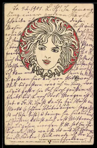 Künstler-AK Philipp + Kramer Nr. 111/3: Frauenporträt mit gelocktem Haar auf rotem Hintergrund, Jugendstil