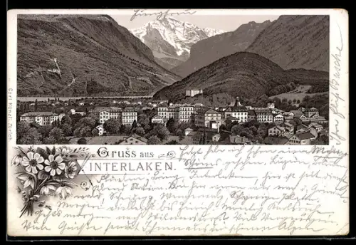 Vorläufer-Lithographie Interlaken, 1893, Ortsansicht mit Bergpanorama
