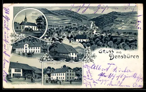 Lithographie Densbüren, Gasthaus zum Bären, Handlung von Herm. Nussbaum, Kirche, Pfarrhof, Schulhaus