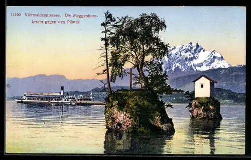 AK Meggernhorn-Inseln gegen den Pilatus mit Dampfer