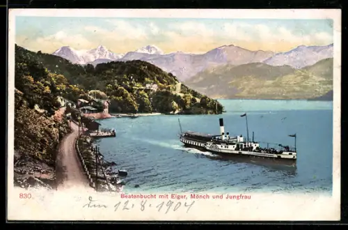 AK Beatenberg, Beatenbucht, Ansicht mit Dampfer, Eiger, Mönch und Jungfrau