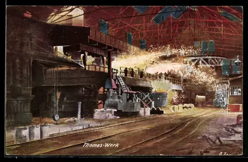 Künstler-AK Peine, Thomas-Werk, Blick in die Halle des Stahlwerks
