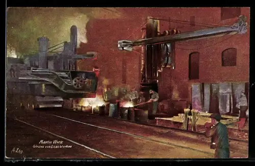 Künstler-AK Essen, Martin-Werk, Fabrikarbeiter beim Giessen von Eisenblöcken