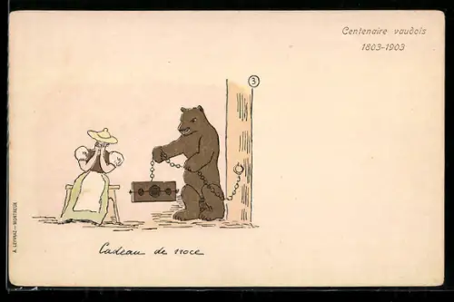 AK Vaud, Centenaire vaudois 1803-1903, Bär nähert sich einer weinenden Frau mit einer Halsgeige