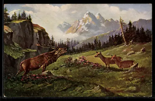 Künstler-AK Röhrender Elch in Berglandschaft