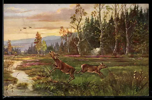 Künstler-AK Reh und Hirsch springen auf einer Wiese am Waldrand umher