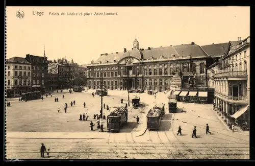 AK Liège, Palais de Justice et place St. Lambert, Strassenbahn