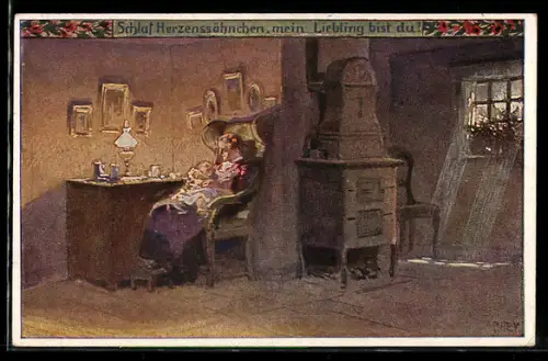 Künstler-AK P. Hey, Volksliederkarte Nr. 50: Schlaf, Herzenssöhnchen, Mutter wiegt ihr Kind in den Schlaf