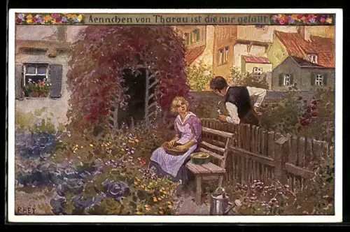 Künstler-AK P. Hey, Volksliederkarte Nr. 49: Ännchen von Tharau ist die mir gefällt, Frau im Garten