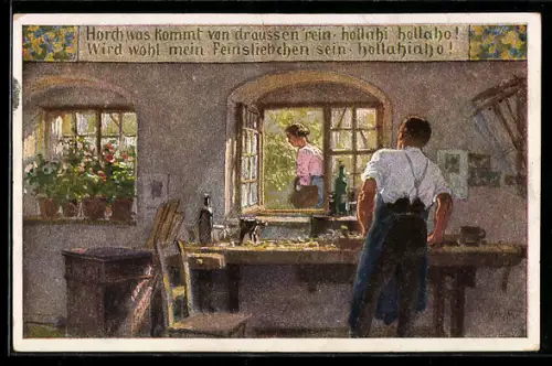 Künstler-AK P. Hey, Volksliederkarte Nr.57: Horsch was kommt von draussen rein, Schreiner sieht eine Frau durchs Fenster