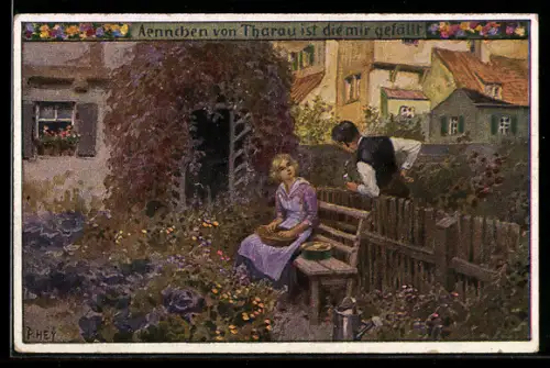 Künstler-AK P. Hey, Volksliederkarte Nr. 49: Ännchen von Tharau ist die mir gefällt, Frau im Garten