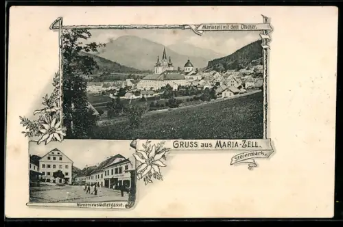 AK Maria Zell, Ortsansicht mit dem Ötscher, Wienerneustädtergasse