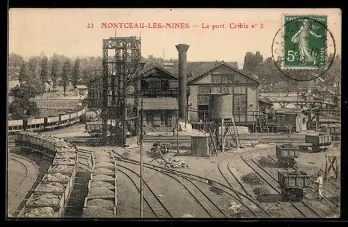 AK Montceau-les-Mines, Le Port Crible No 3, Kohlenwagons am Hafen