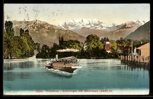 AK Thun, Kirche Scherzligen mit Blümlisalp, Dampfer auf dem Thunersee