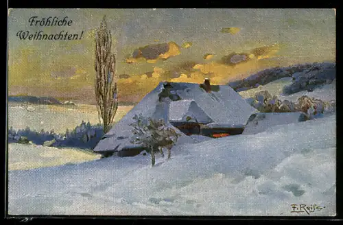 Künstler-AK Fritz Reiss: Winter im Schwarzwald, verschneites Haus