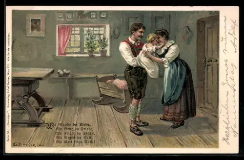 Künstler-AK E. Döcker: Haussegen, glückliche Familie in der Stube