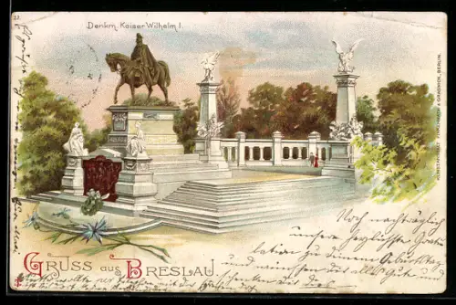 Lithographie Breslau, Denkmalanlage Kaiser Wilhelm I.