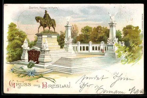 Lithographie Breslau, Denkmal Kaiser Wilhelm I., Reiterstandtbild