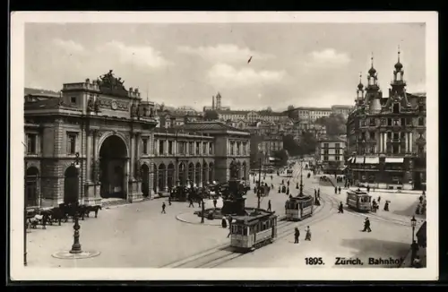 AK Zürich, Bahnhof mit Strassenbahnen