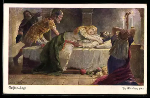 Künstler-AK Georg Mühlberg: Tristan-Sage, Holde stirbt and er Bahre Tristans, Sage